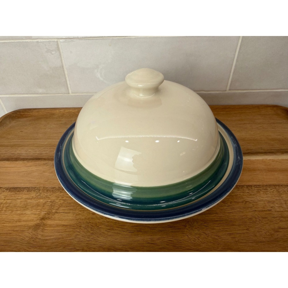 Pfaltzgraff Butter Dish Ocean Breeze 7.5in Cream Blue Stoneware Vintage USA Made